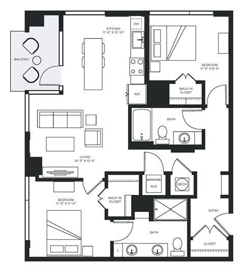 Floor plan for 2 beds, 2 baths, 1020 sqft